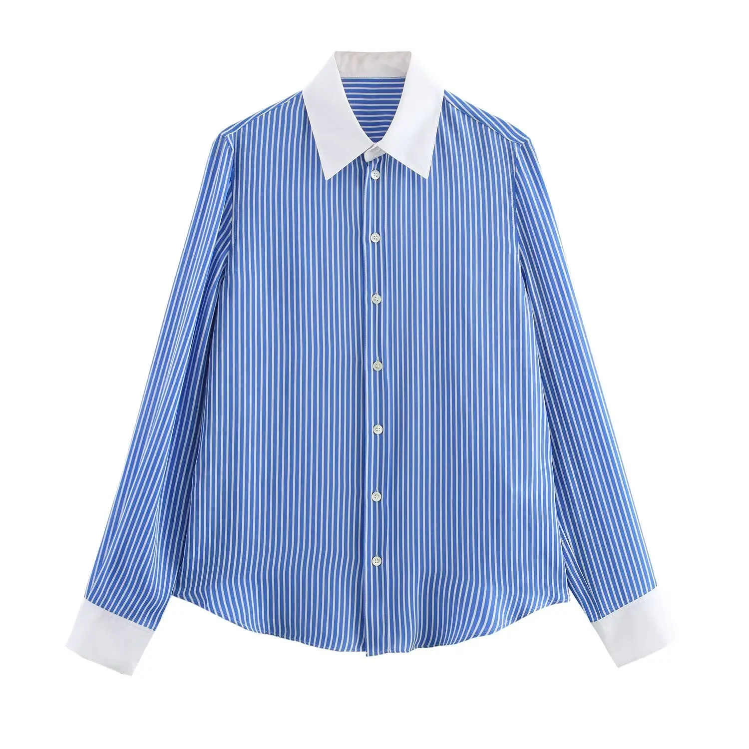 

Autumn Loose Fit Striped Shirt Women Long Sleeve Trun Down Collar Top Blue white striped collar versatile shirt for women
