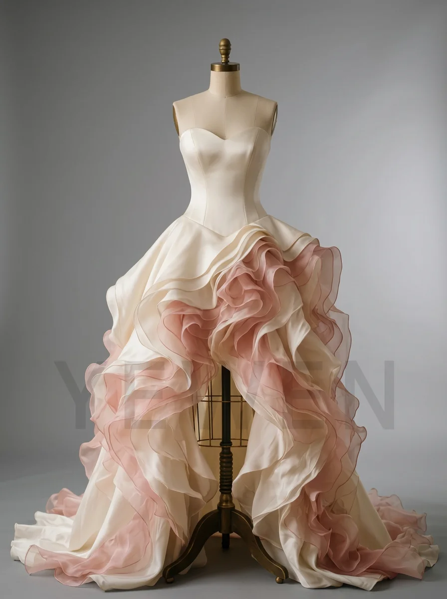 Luxury High Low Bridal Gown Layered Ruffles Organza Skirt Strapless Pink Ivory Wedding Dress for Photo Shoot Engagement YD260924