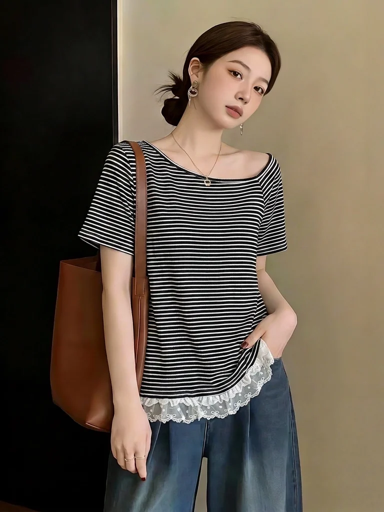 Slimming Striped Short Sleeve T-Shirt Women's Korean Style Commute Fashion plus Size Lace Trim Shoulder Bore Hole Summer Top