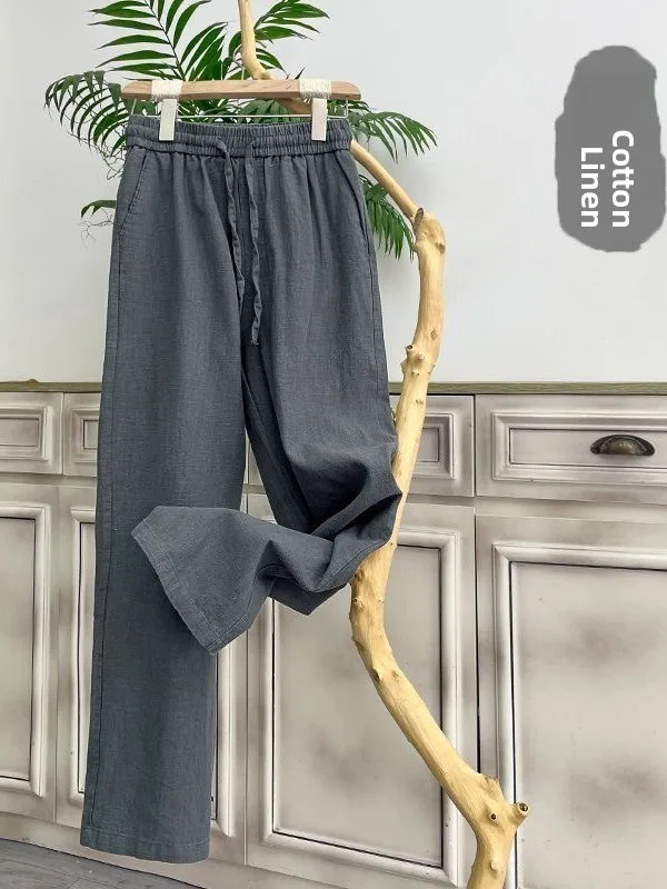 

Spring Summer Men's Ice Silk Linen Casual Pants Korean Sle Loose Fit Ultra Thin Cotton Linen Air Conditioning Long Trousers