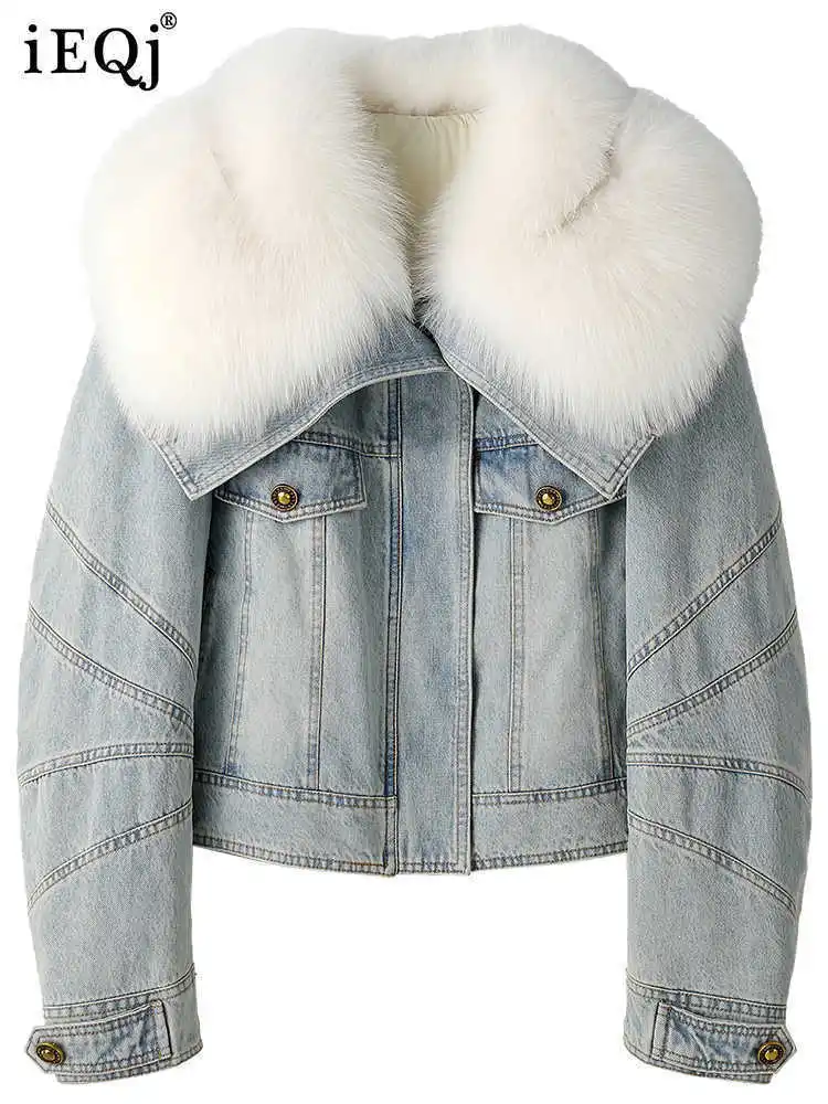 IEQJ Fashion Imitation Fox Fur Grass Fur Collar Jacket Women's Loose Zipper Short Thick Denim Coat Winter 2025 New Tide 7AB6560