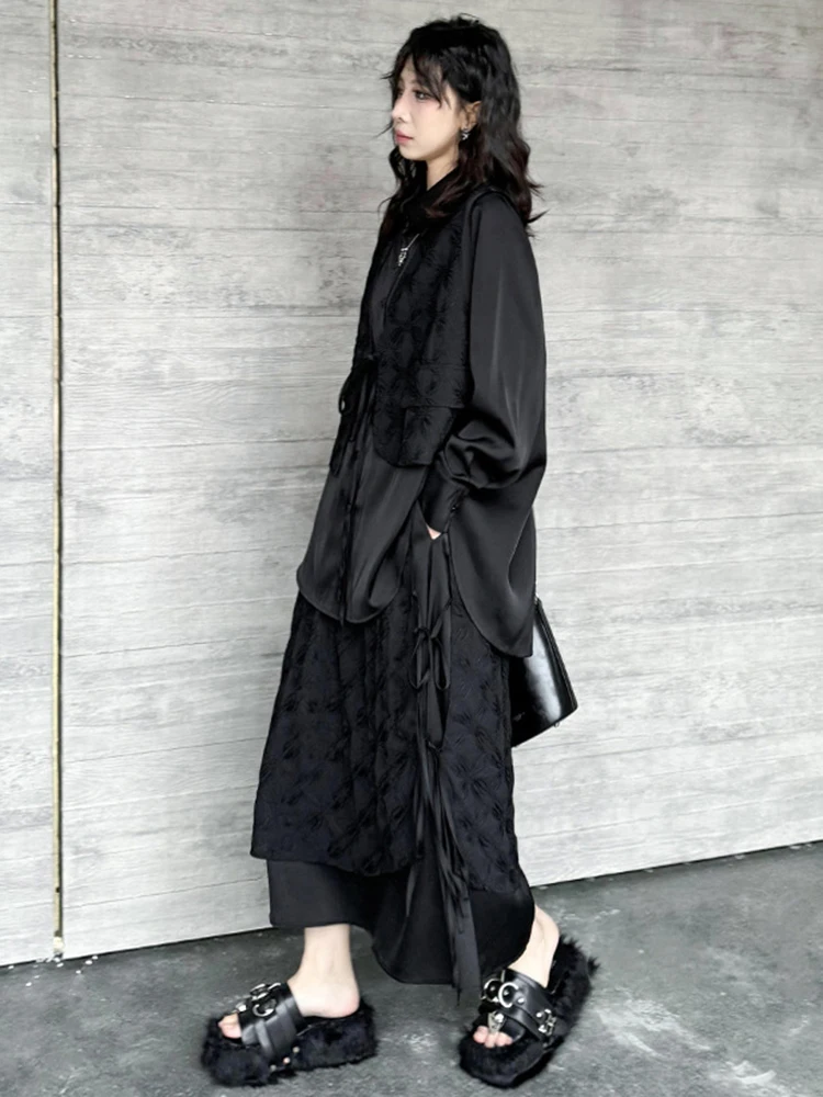 [EAM] Black Big Size Shirt Half-body Skirt Two Pieces Suit New Lapel Long Sleeve Women Fashion Tide Spring Autumn 2024 1DH4805