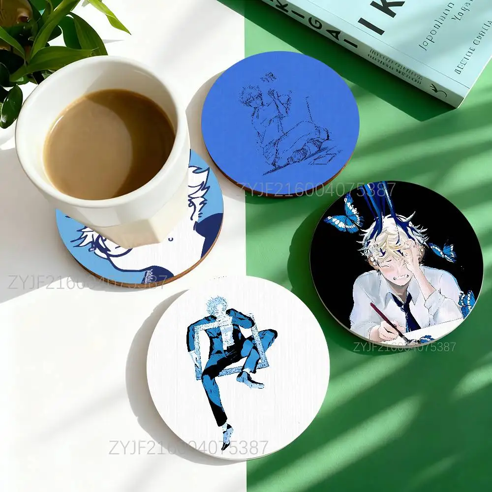 

B-Blue Period Anime Round Wooden Coasters Heat Resistant Non-slip Drink Cafe Decoration 2D Flat Color Print Set