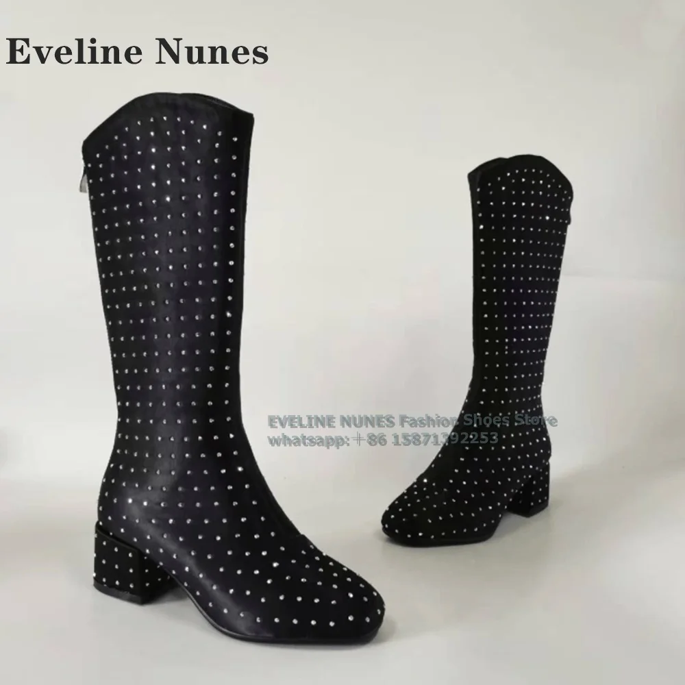 Rhinestone Back Zipper Black Knee High Boots Square Toe Block Heels Splicing Sexy Runway Show Mid Calf Boot Plus Size Sexy 2024