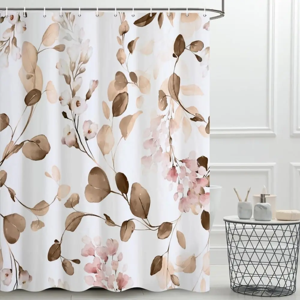 Elegant Botanical Floral Waterproof Shower Curtain Liner Neutral Pink Boho Leaf Print for Bathroom Home Decor Shower Bath