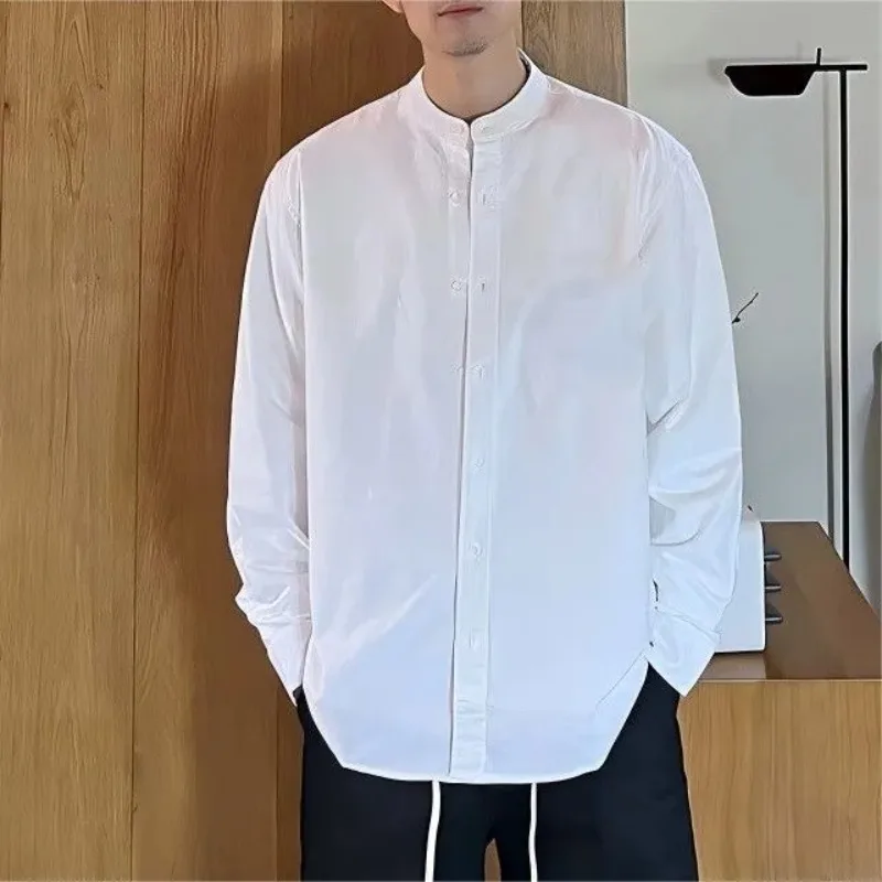 Long-sleeved Shirt for Men in Spring and Autumn Simple Casual Versatile White Round Neck Trendy Loose Korean Style Fashion Shirt
