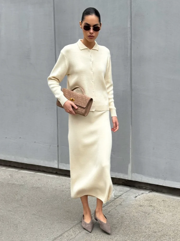 Women Knitted Cardigan Skirt Set 2025 Autumn Winter Polo Collar Cardigan Two-piece Suit Chic Lady High Sreet Office Sweater Sets