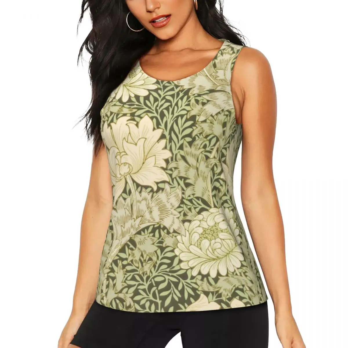 Custom Women's Vintage Chrysanthemum By William Morris Workout Yoga Shirts Quick Dry Bohochic Floral Athletic Running Tank Tops