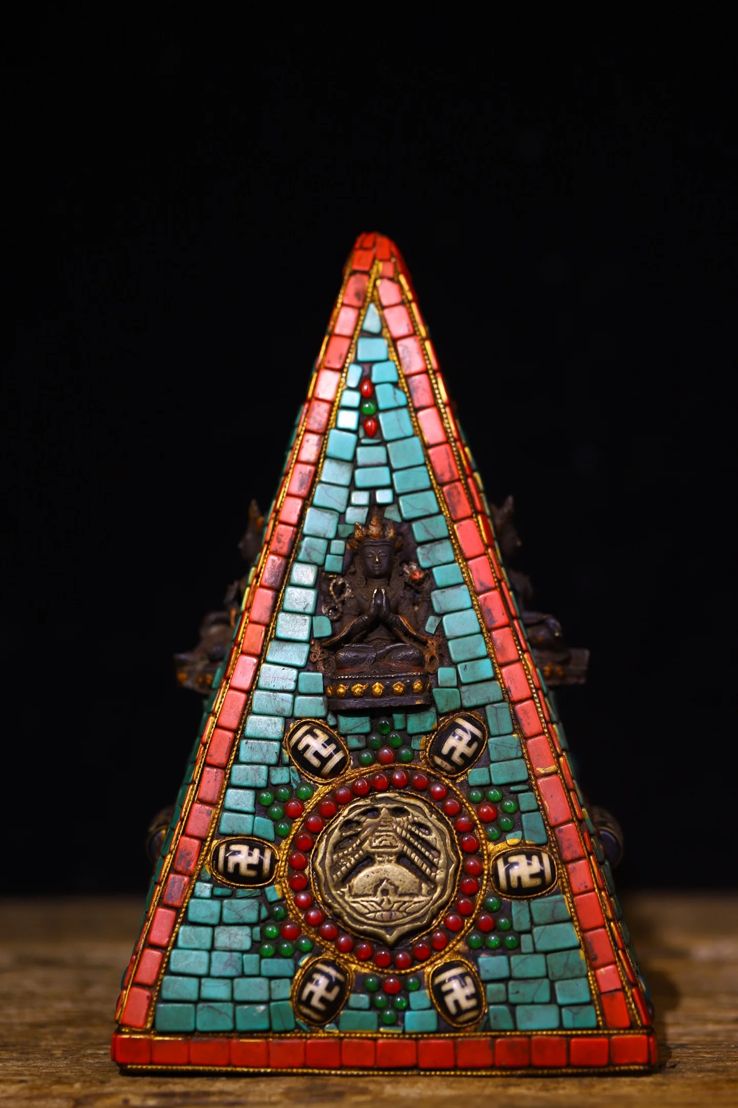 8"Tibetan Temple Collection Old Natural Meteorite Gem gZi Beads Turquoise Four armed Guanyin Buddha Pagoda Amulet Worship Hall