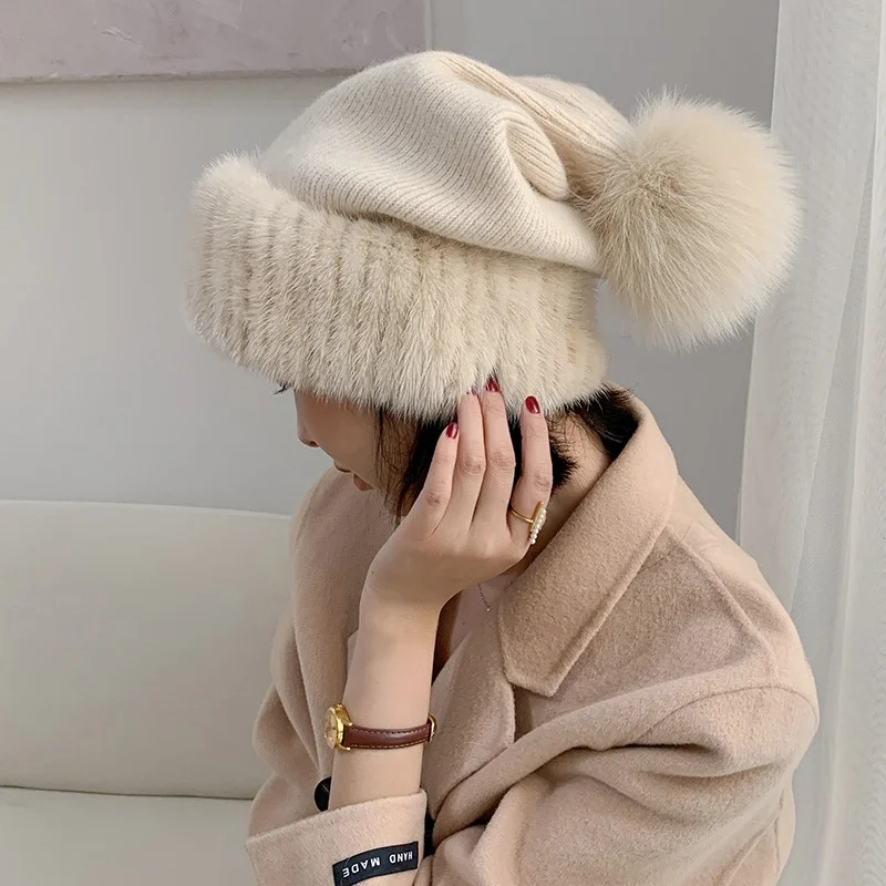 Women's Winter Casual Fur Hat Luxury Mink Fur Thermal Hat Fox Fur Ball Embellished Large Stretch Plush Ear Protection Hat