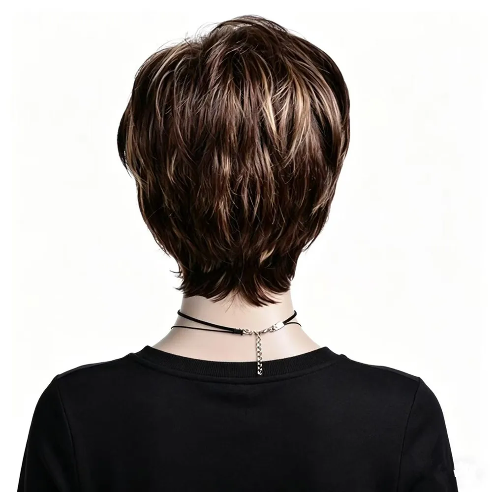 Short Pixie Cut Wig for Women High Temperature Synthetic Hair Ombre Brown Blonde Layered Wig Natural Looking Short Wavy Wig