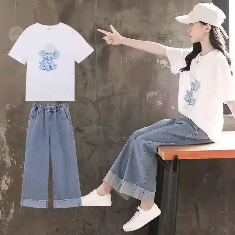 2024 summer teens Girls cartoon loose white elephant t-shirt + wide leg demin long Pants jeans Clothes 8 10 12 14 16 Years