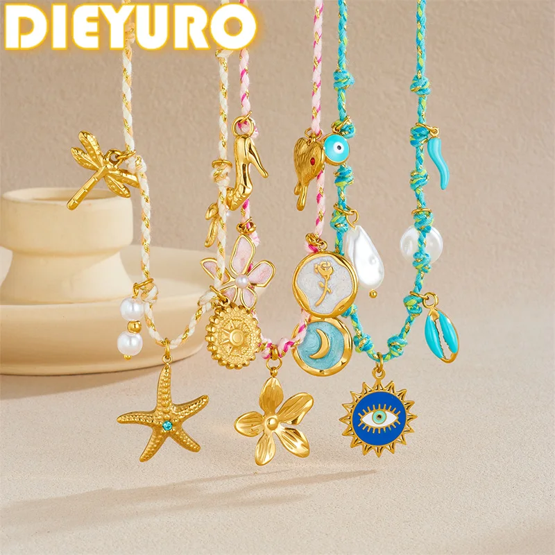 DIEYURO 316L Edelstahl Blumen Seestern Augen Herz Perle Anhänger Halskette Frauen Neuartige Mode Farbige Seil Kette Schmuck