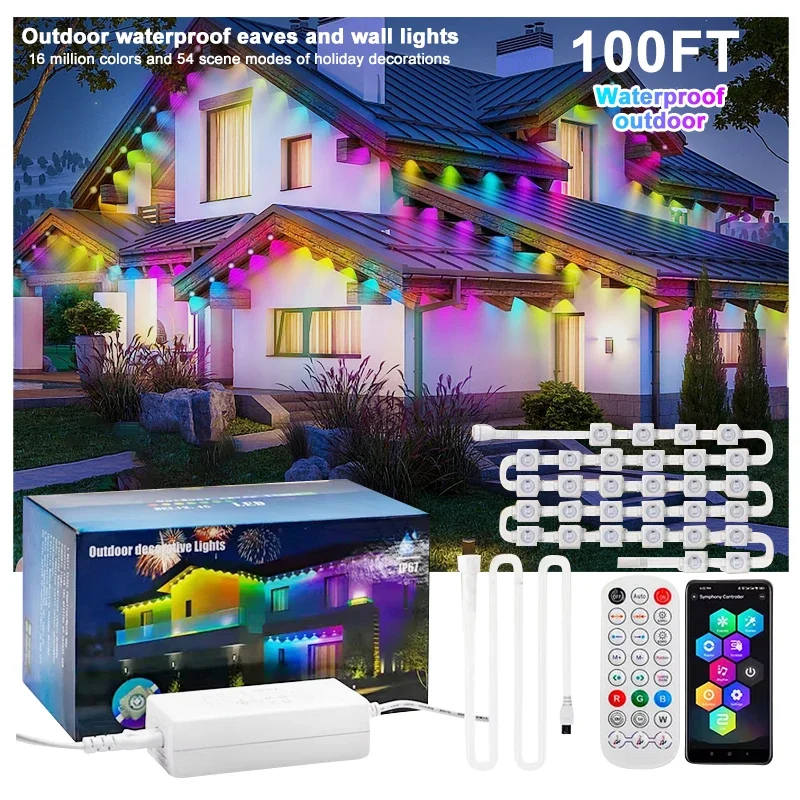 30M RGB Eaves LED Lights Smart Permanent Outdoor Lights String APP Bluetooth Holiday Christmas Lights Full House Party