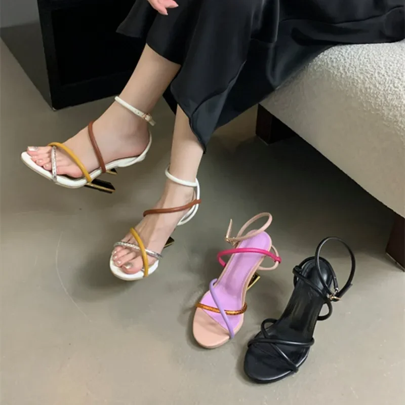 Fashion Design Shaped Heel Women\'s Sandals Summer Elegant Colorful Cross Straps Heels for Women Luxury Brand Dress Pumps Shoes