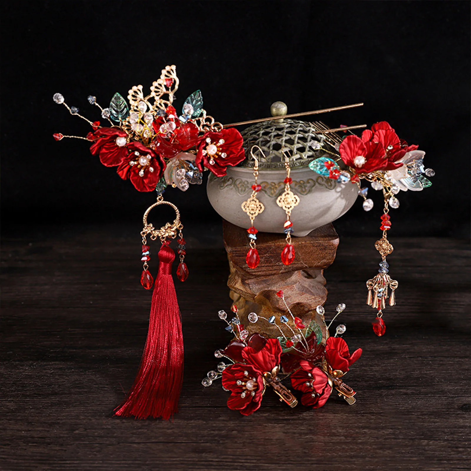 

Vintage Red Flower Hairpins Tassel Hair Clip Headpiece Jewelry Chinese Hanfu Hair Accessories Dress Headdress Barrettes Gift