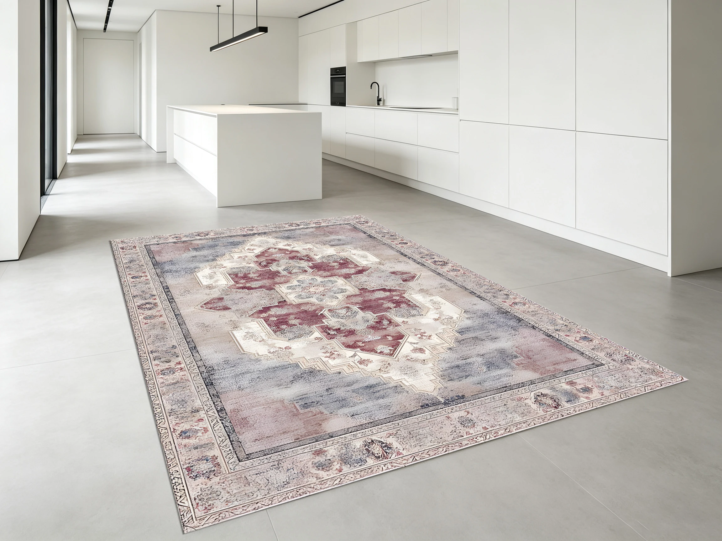 Vintage Persian Patterned Velvet 2D Rug, Grey-Pink Retro, Soft to the Touch, for Living Room & Bedroom, Enhances the