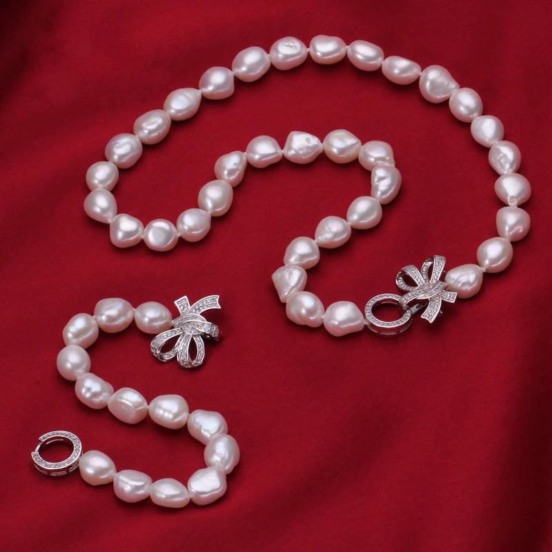 Genuine Pearl Necklace Sets For Women,Natural Freshwater White Pearl Necklace Bracelet Jewelry Sets Wife Mother Gifts
