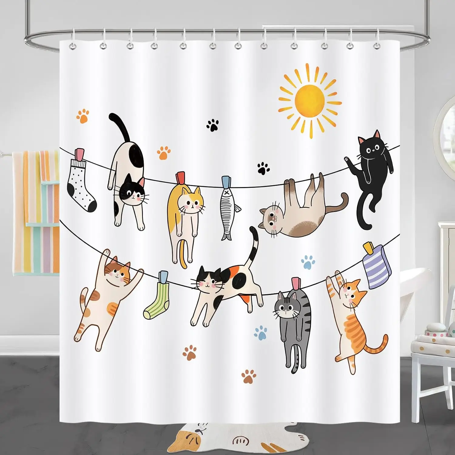 Waterproof Cute Cat Family Cartoon Shower Curtain Polyester Bathroom Shower Liner Decor Novelty Gift for Modern Home Bath Access