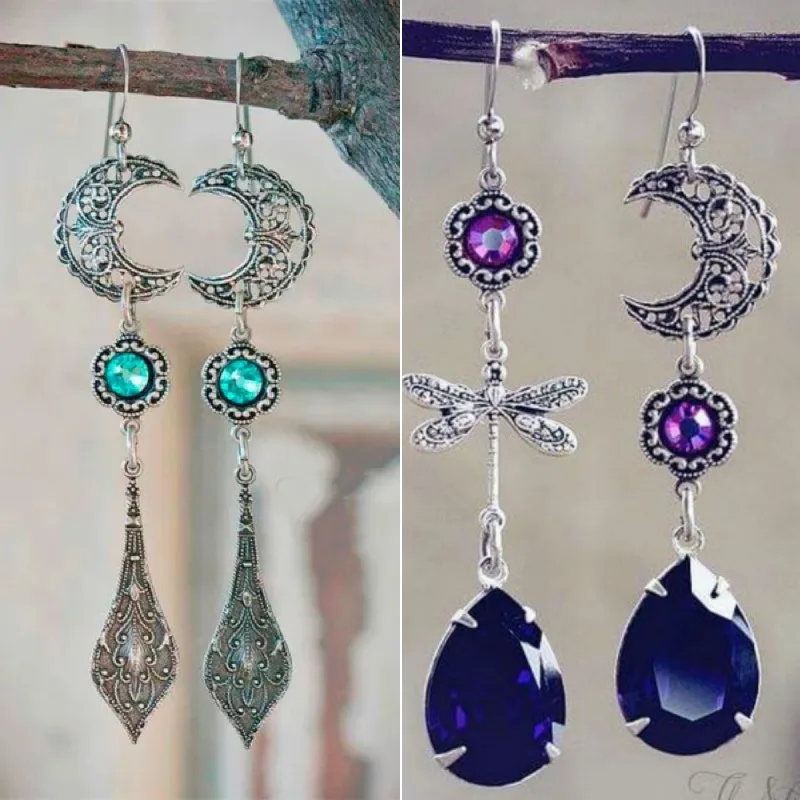 

Ethnic Round Inlaid Sea Blue Zircon Moon Earrings Vintage Silver Color Metal Hanging Geometric Carving Patterns Dangle Earrings