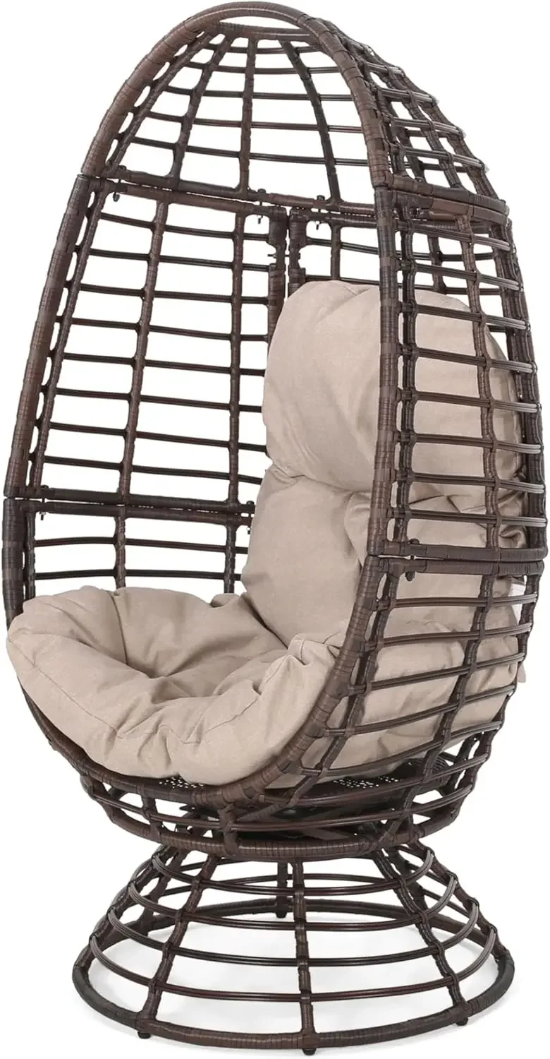 

Frances Outdoor Wicker Swivel Egg Chair with Cushion, Dark Brown, Beige