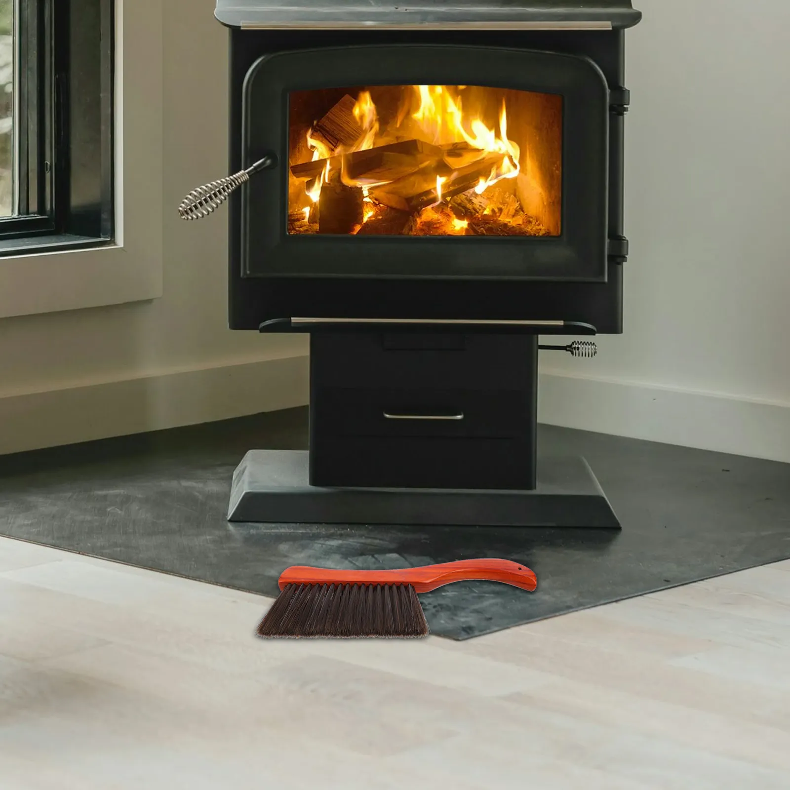Juego de 2 cepillos de limpieza para chimenea, cepillo de cerdas suaves para polvo, barredor de hogar con mango de madera largo, limpiador de cenizas, herramienta para estufa de leña y brasero