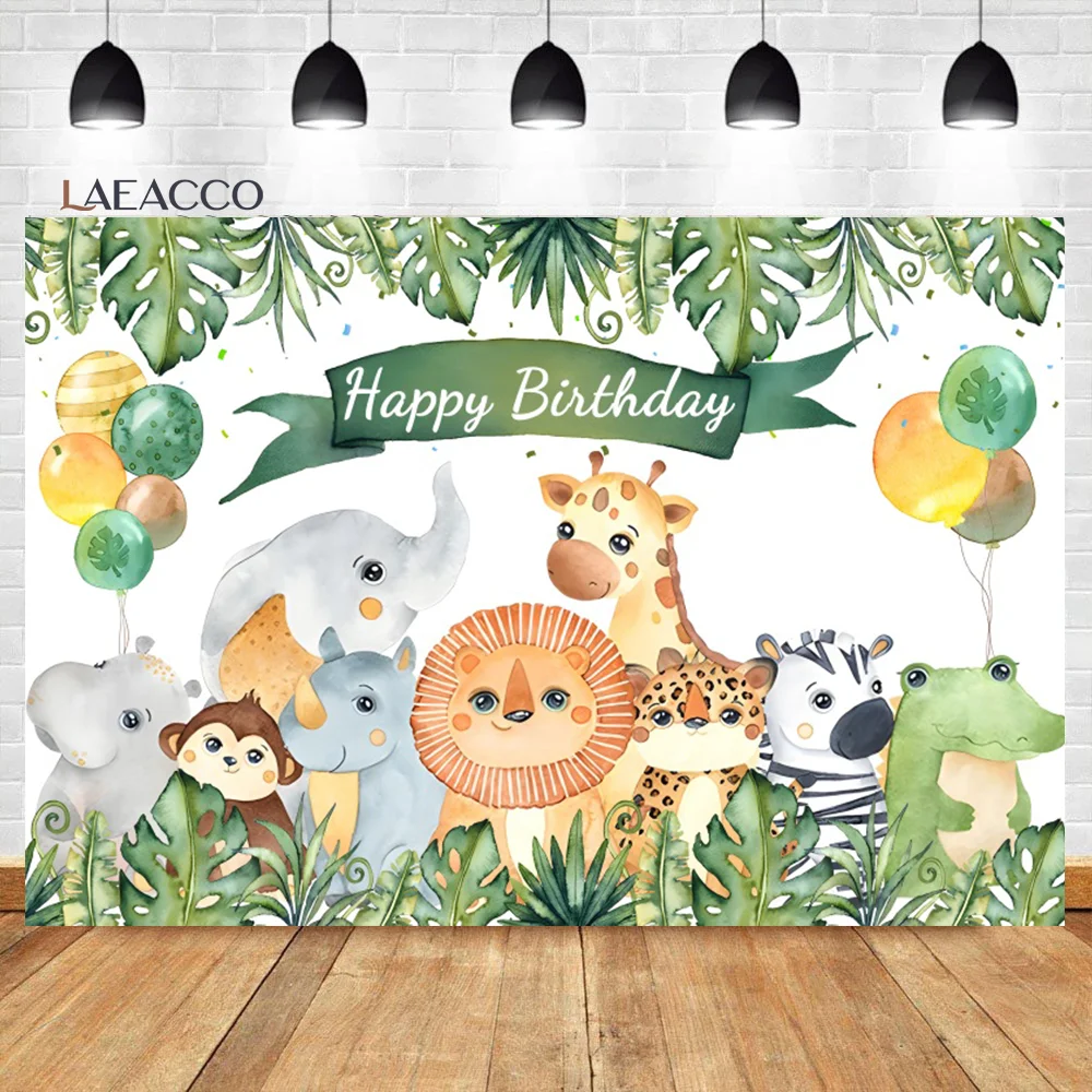 

Laeacco Cute Animals Birthday Background Tropical Palm Leaves Balloon Safari Party Baby Portrait Customized Photography Backdrop