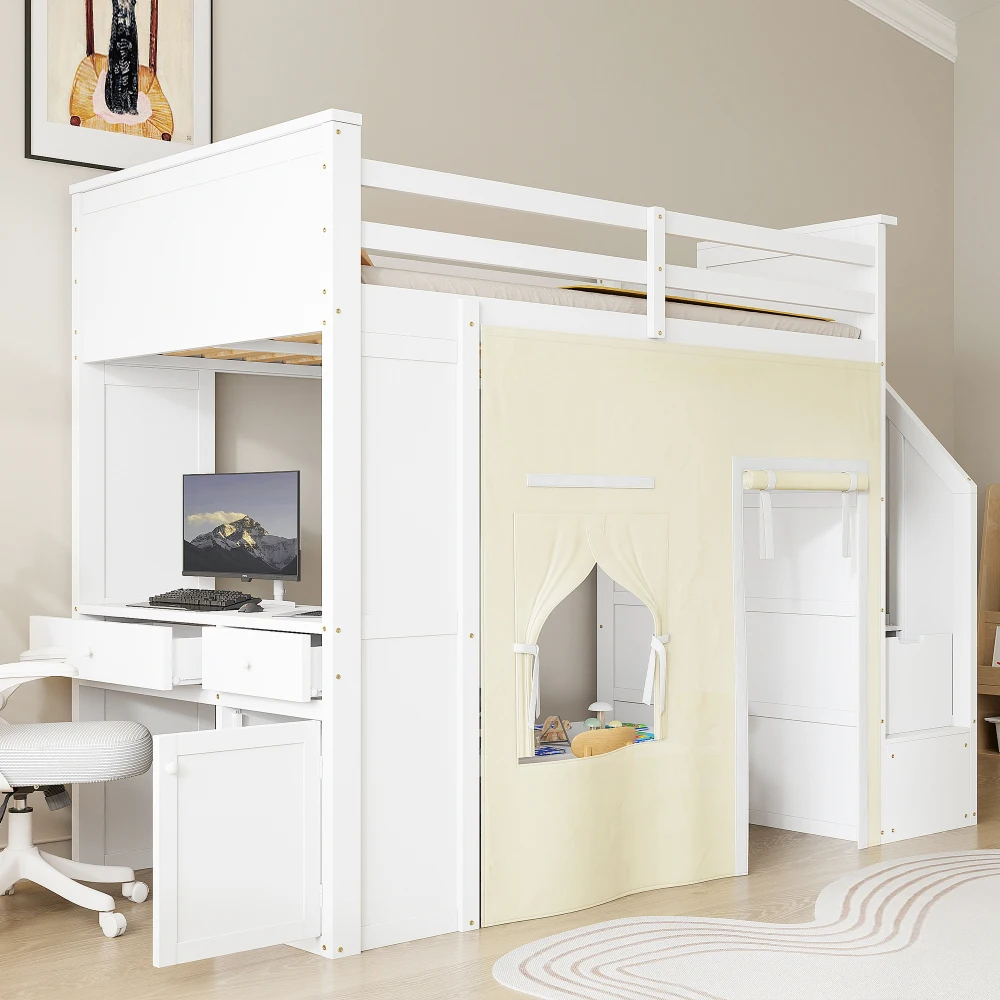 Stylish and Minimalist White Loft Bed with A Desk, Storage Cabinets, Two Built-in Drawers, Storage Stairs, and Curtains. It Boasts Strong Load-bearing Capacity, High Stability, and Is Wear-resistant and Durable.
