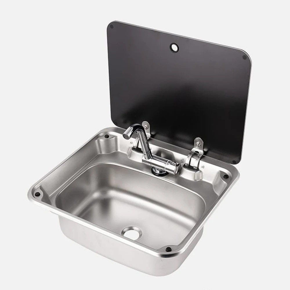 RV Sink with Lid, Kitchen Folding Flip Cover, Single Slot, 304 Stainless Steel Sink