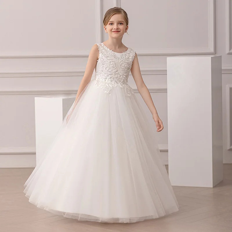 Fashion Sequin Backless White Kids Wedding Dress Flower Girl Princess Dress Formal Baptismal Costume Elegant Girls Party Dresses
