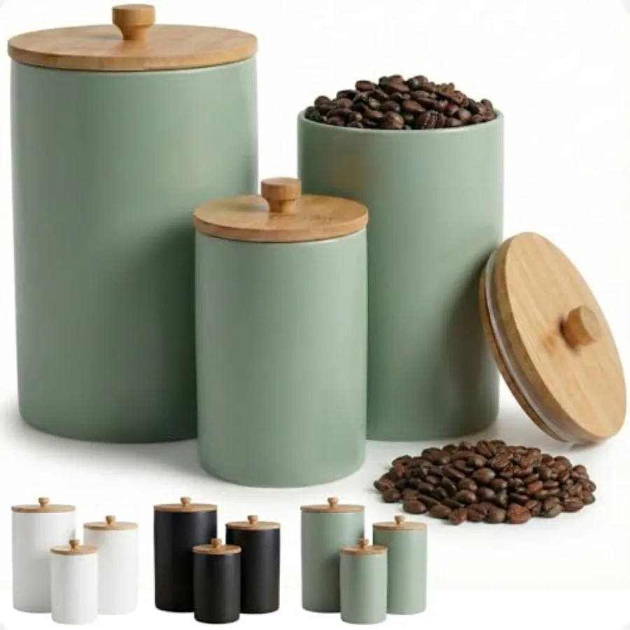 

Ceramic Kitchen Canisters for Countertop Set of 3 with Airtight Bamboo Lids - Sage Kitchen Canisters with Airtight Lids - Flour