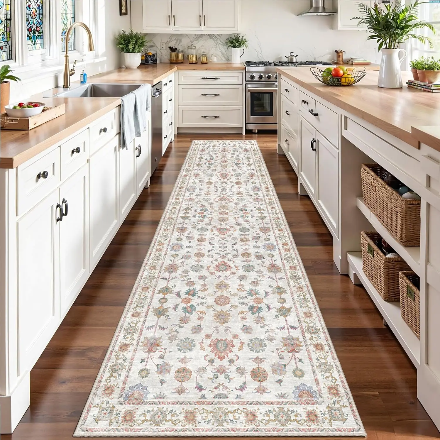 Washable White Entryway Rug, Vintage Floral Distressed Boho Door Mat, Non Slip Soft Small Carpet for Entrance Bedroom Kitchen