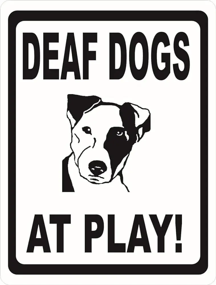 Deaf Dogs at Play Sign Hearing Impaired Dog Safety Slow Down Metal Sign Funny Tin Sign 8x12 inch