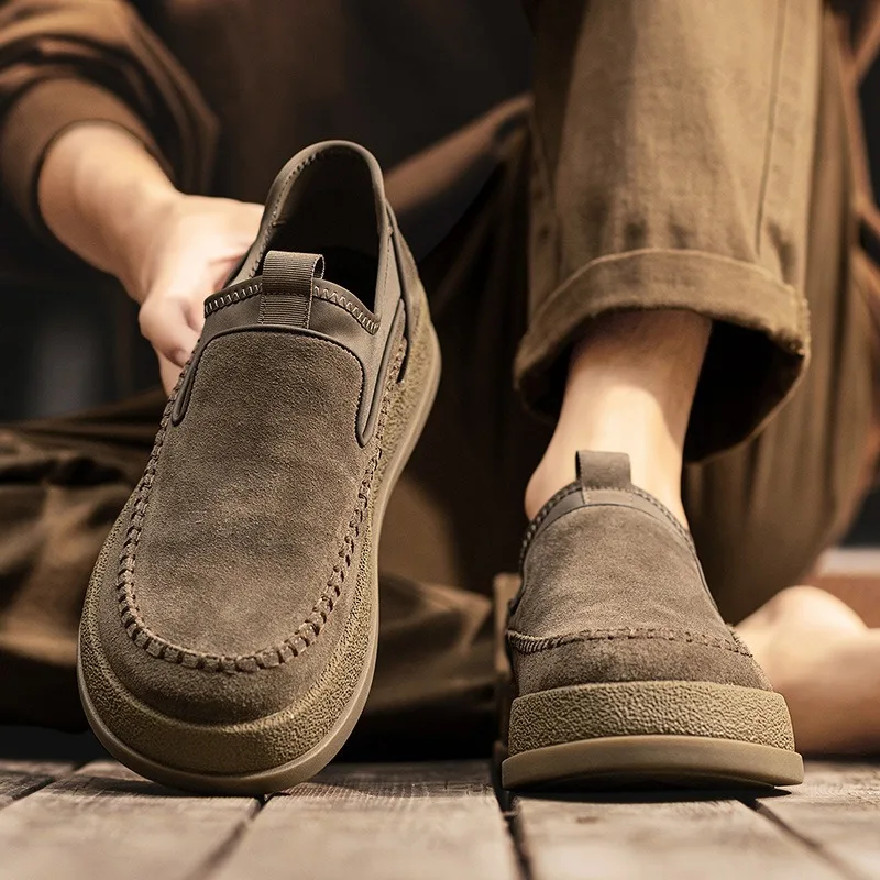 

Новинка осени 202, винтажные мужские туфли без шнуровки на толстой подошве с низким берцем, однотонная универсальная удобная износостойкая повседневная обувь без шнуровки