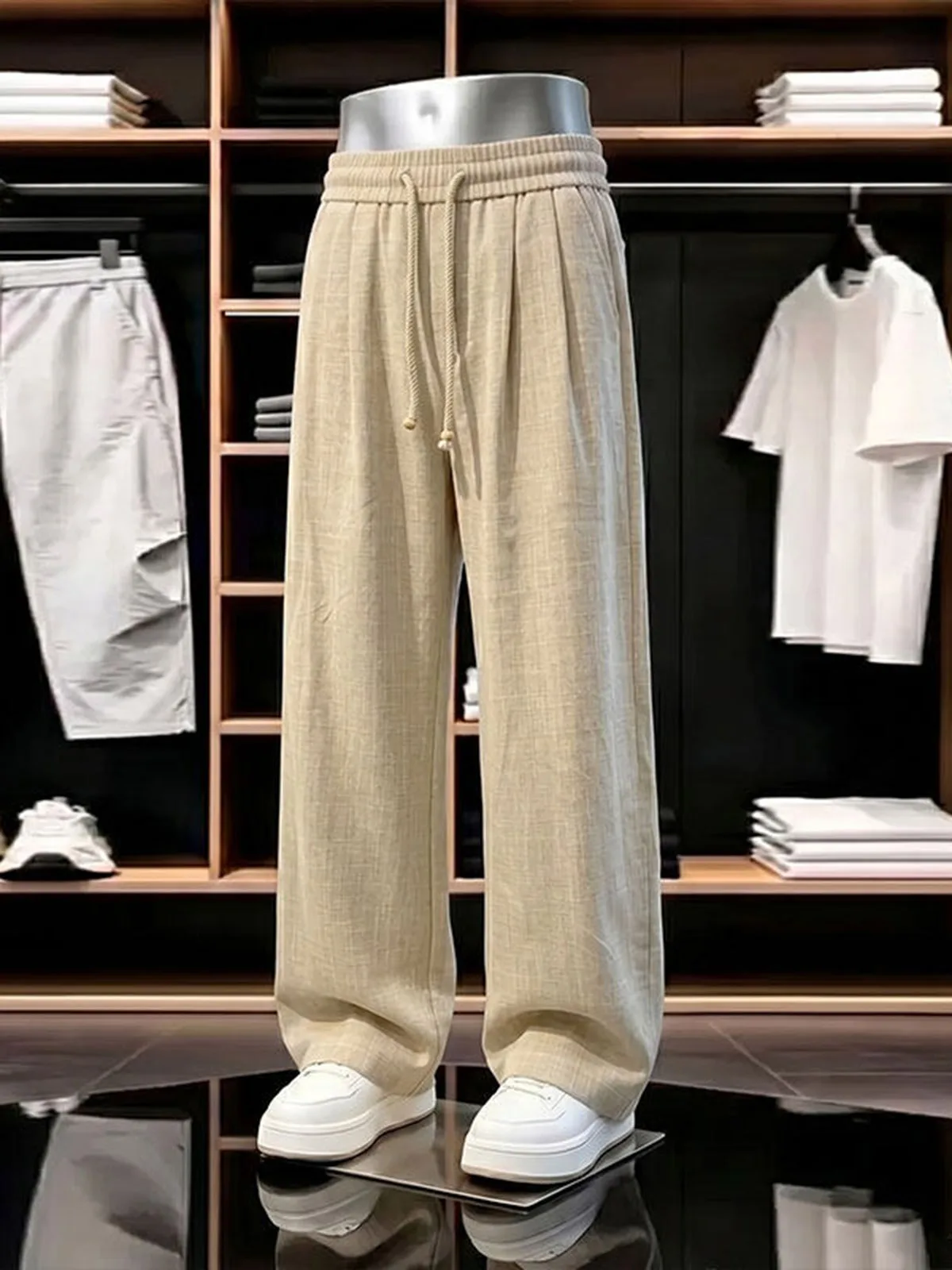 Lightweight Breathable Ice Silk Men's Casual Pants Loose Straight Leg Wide Leg Trousers Coffee Color Old Money Style Linen Si...
