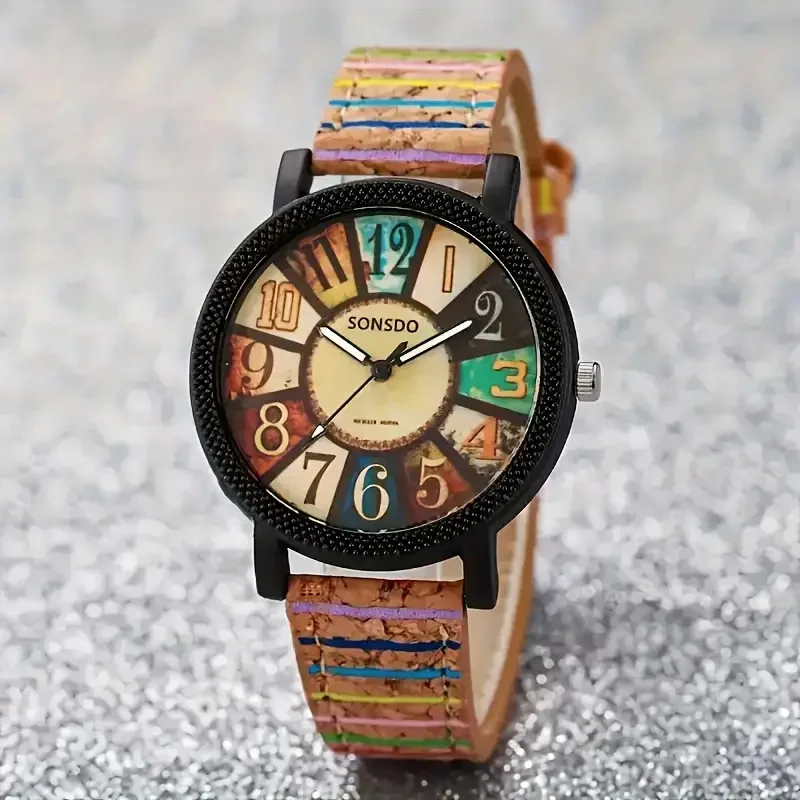 Women's Watch Retro Wood Grain Digital Dial Watch Striped Leather Watch