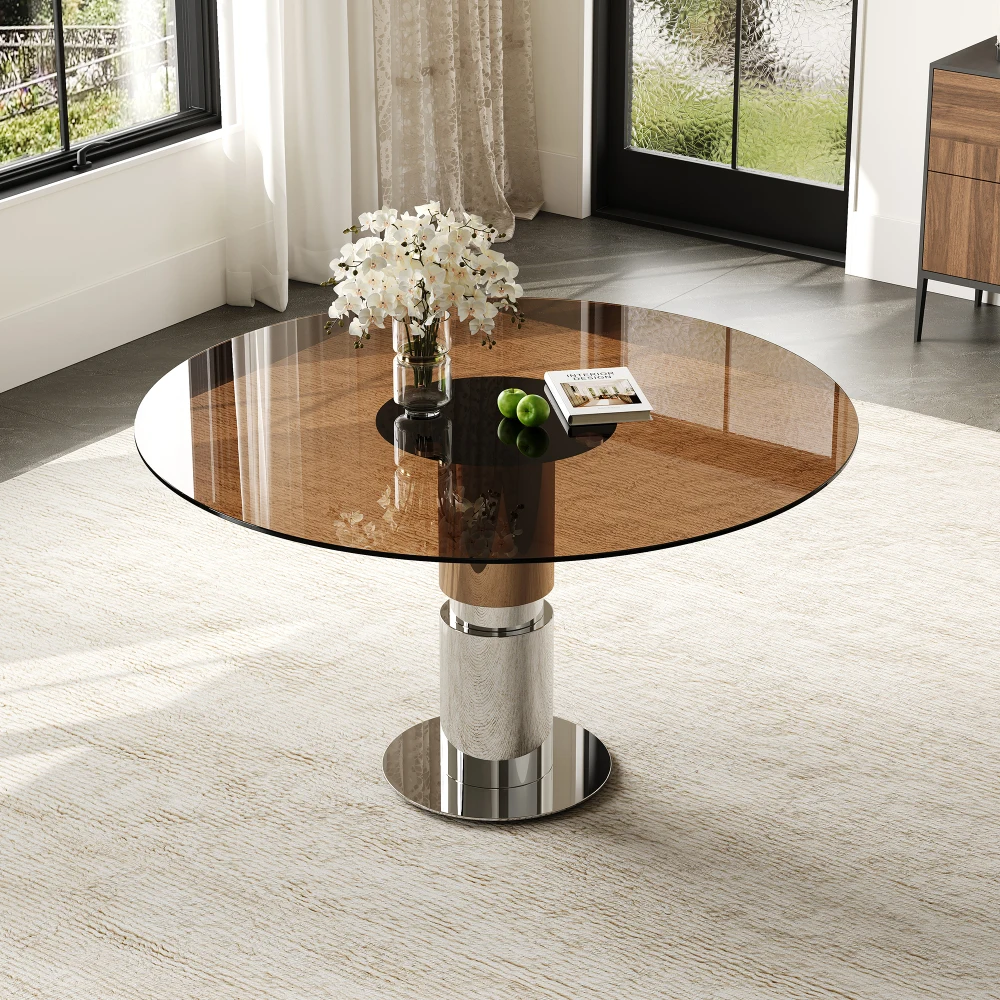 

35-inch Round Glass Dining Table: Tempered Top, Stainless Legs, 2-4, Dark Brown, For Restaurants & Apts
