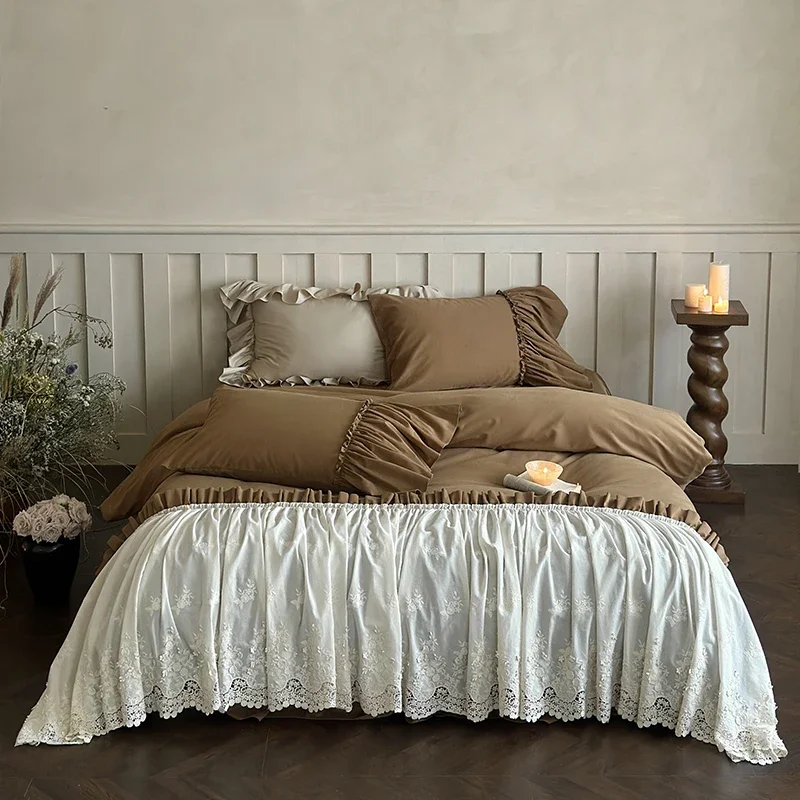 Egyptian Cotton Brushed French Princess Style Lace Ruffles Patchwork Bedding Set Duvet Cover Set Bedskirt Bedspread Pillowcases