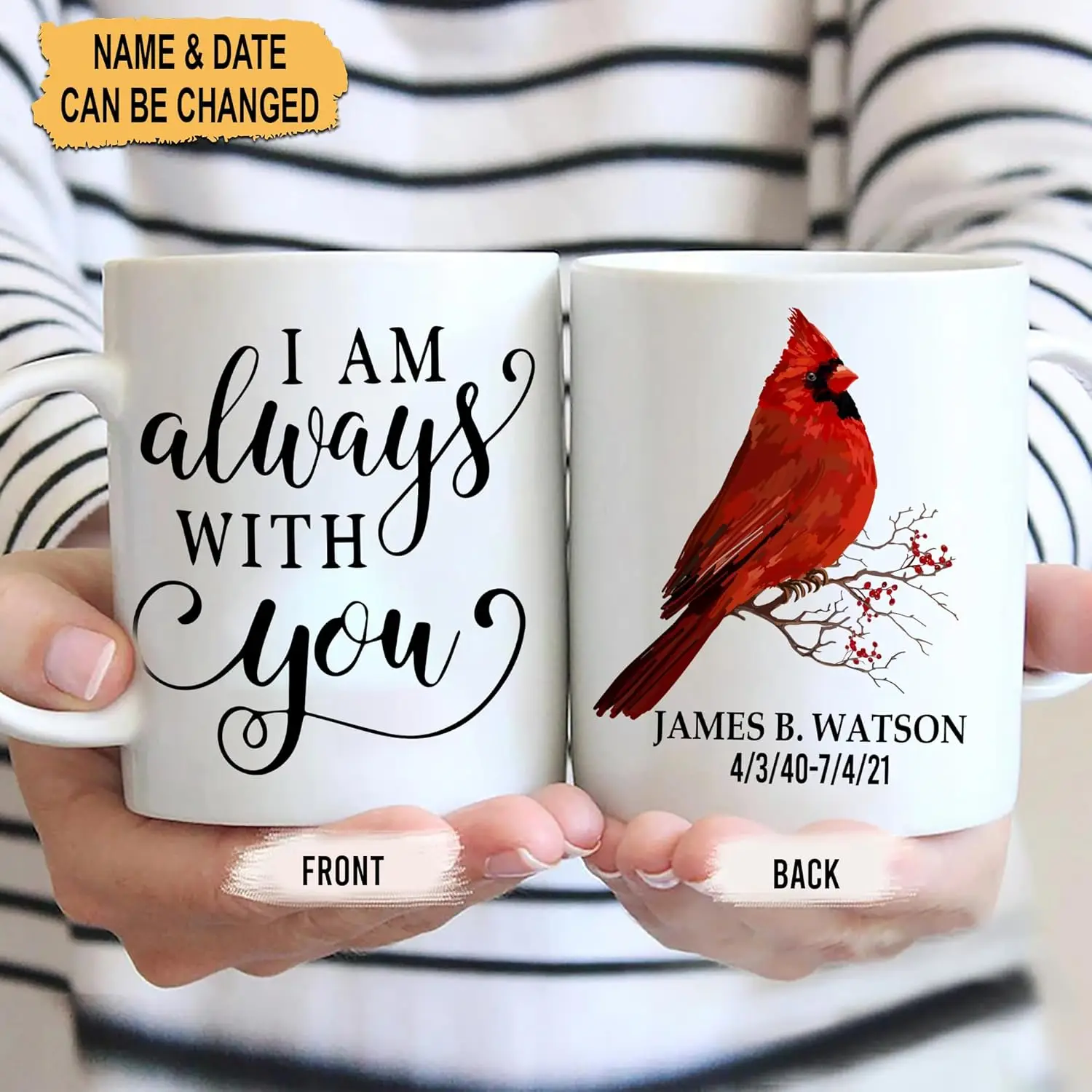 

Персонализированная птица-кардинал «Я всегда с тобой», белая керамическая кружка для кофе, чая, 11 унций, мемориальные подарки для потери мужа