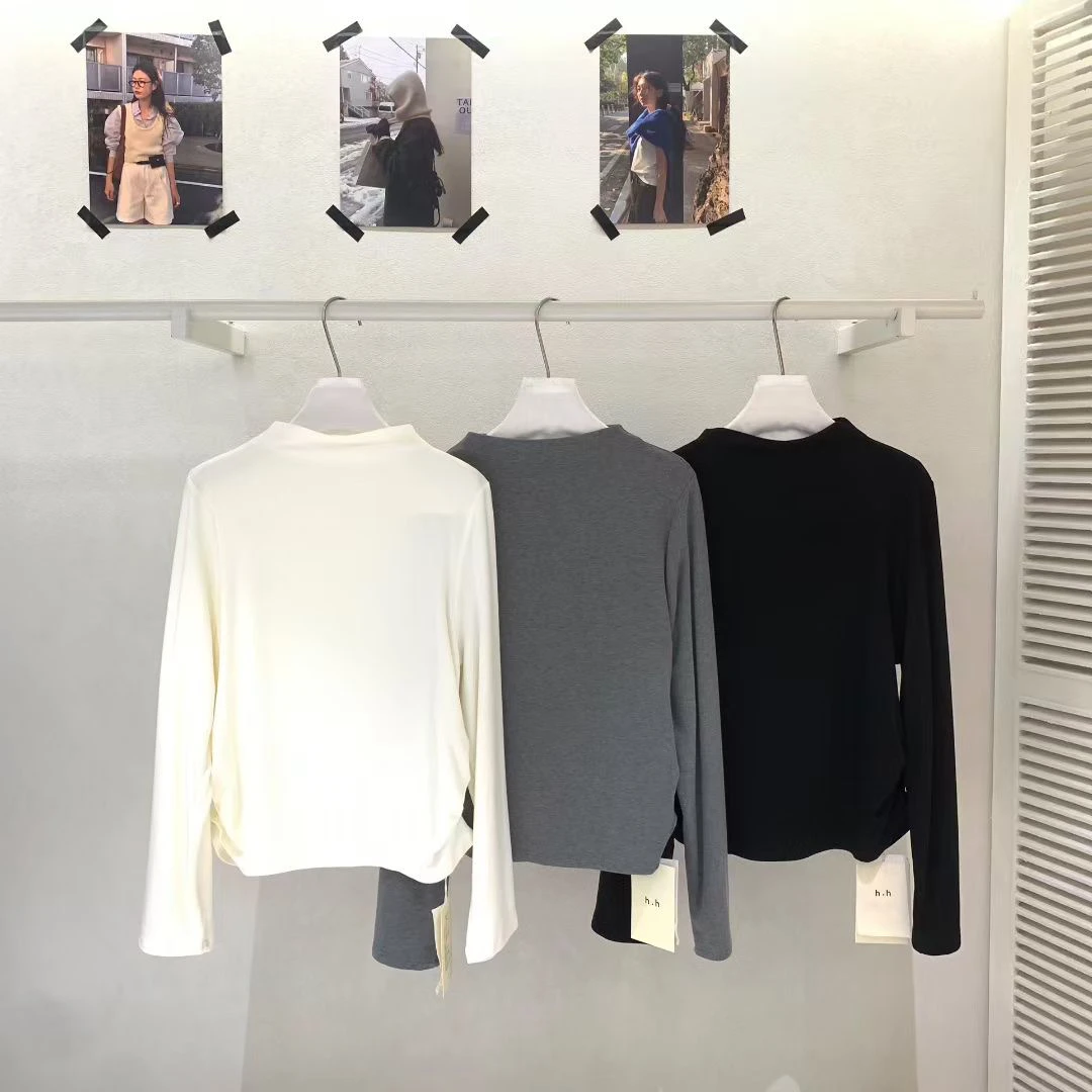 

Женская приталенная футболка с высоким воротником и длинным рукавом в корейском стиле, больших размеров, базовая модель