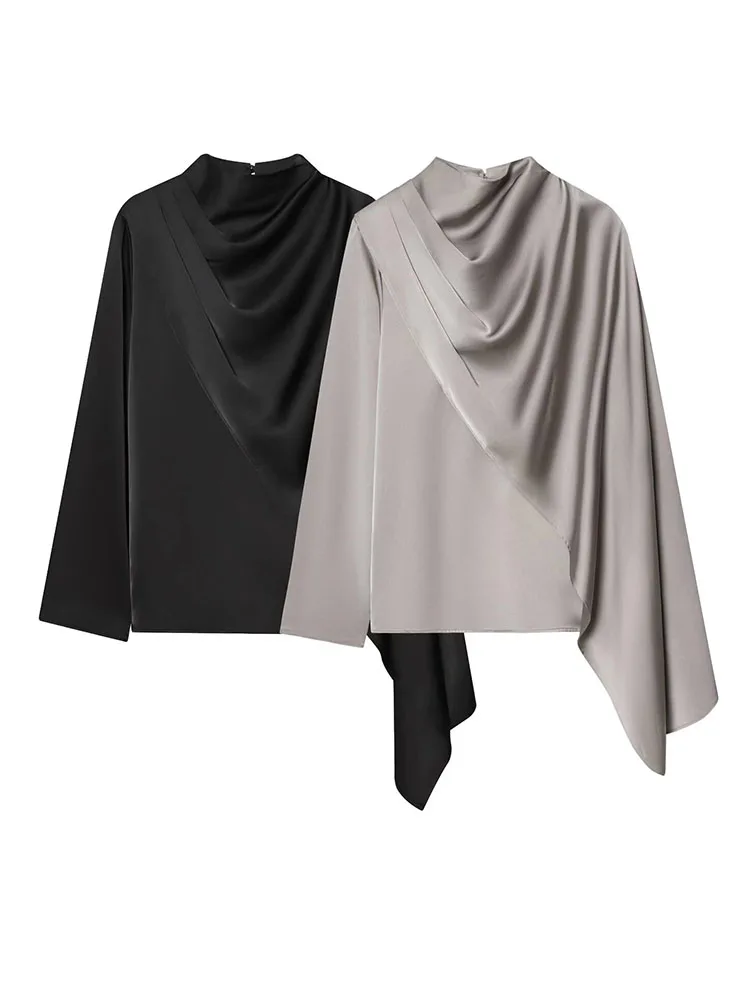 

HH Woman Elegant Long Sleeves Splice Decoration Shawl Design Asymmetry Top Female Spring Round Collar Satin Texture Solid Tops