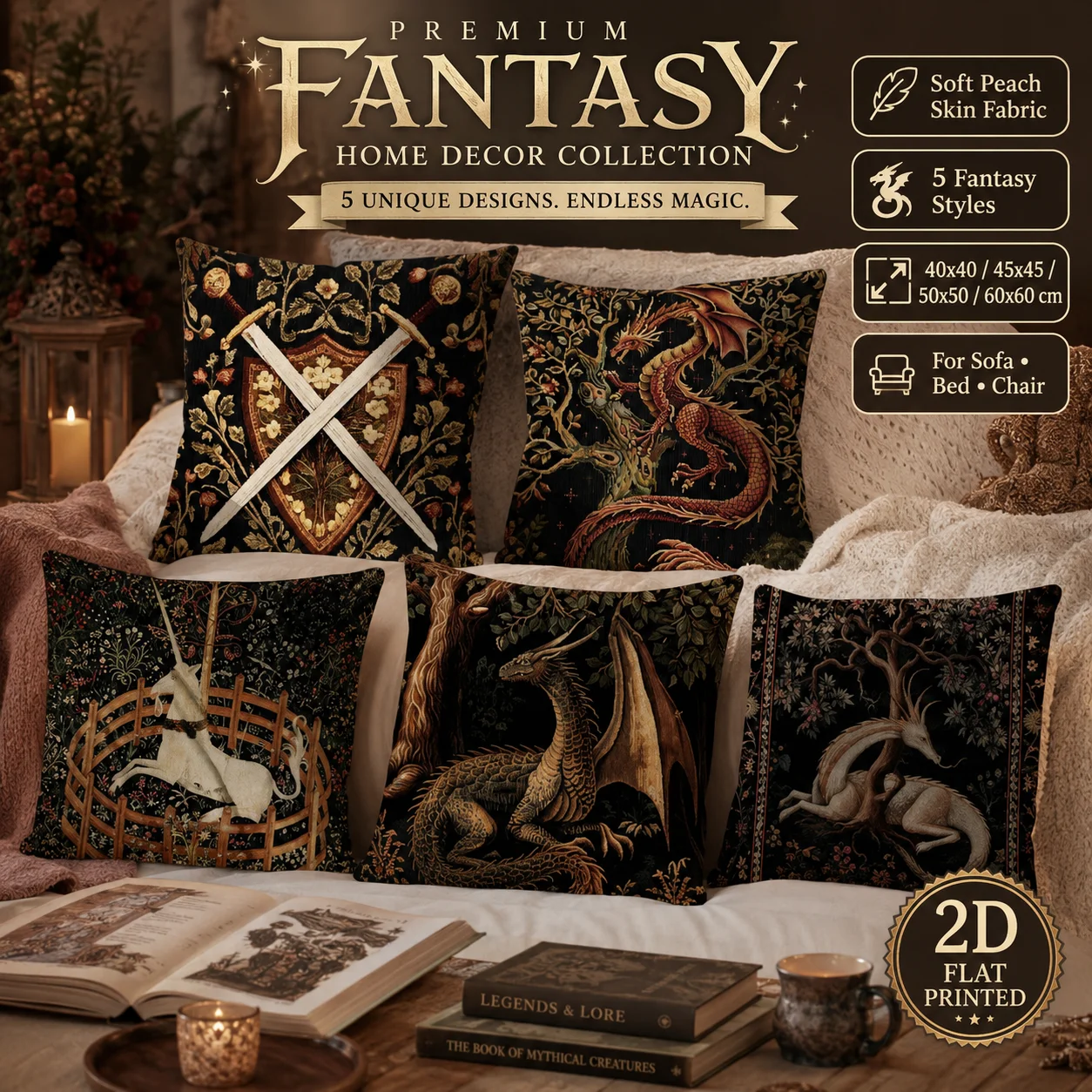 Retro Gothic Sword Shield Peach Skin Pillowcase 2D Flat Printed Medieval Floral Cushion Cover Chair Car Sofa Bed Home Pillowcase