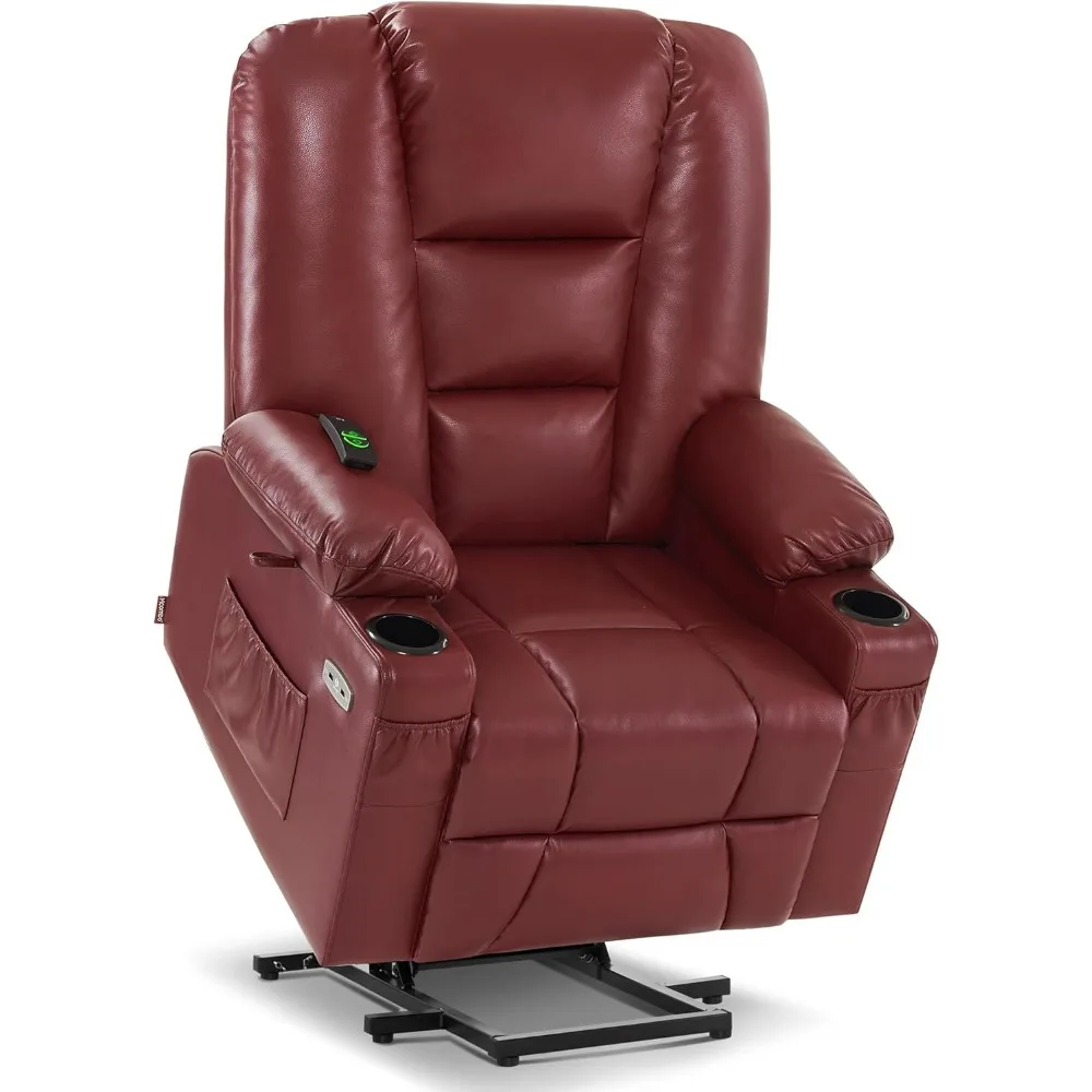 Large Power Lift Recliner Chair Sofa with Massage and Heat for Big and Tall Elderly People, 3 Positions, Cup Holders,(Large,Red)