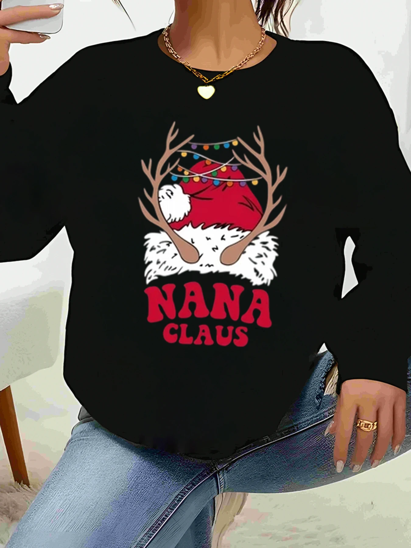 

Шляпа Санты с оленями, Рождественский свитшот с принтом Nana Claus, праздничная одежда, женский повседневный топ