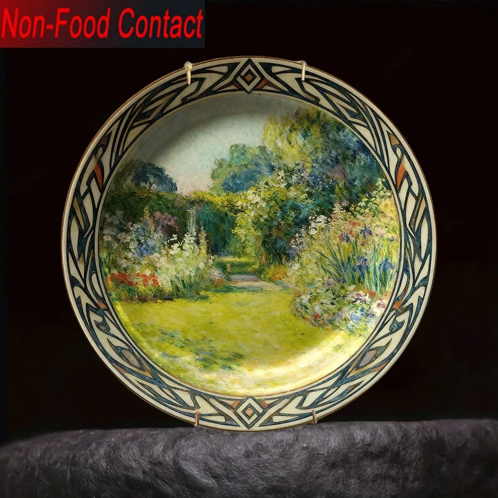 1pc Ornate Chinese-Inspired Ceramic Decorative Plate - Round Non-Food Contact Serving-Style Dish with Accent Border & Landscape