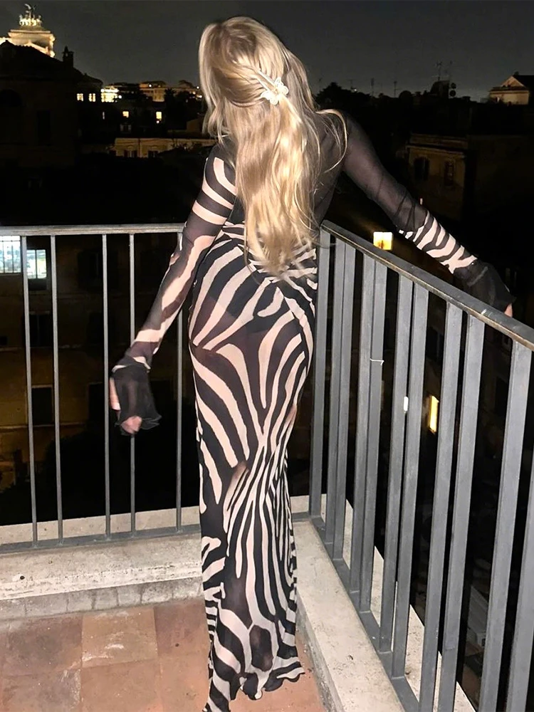Insglas Sexy Mesh Patchwork Dress Women Print Low-Neck Cleavage Shirring Flared Sleeve Street Wild Style Fashion Long Bodycon
