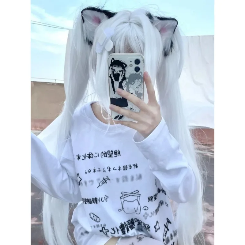 Y2k women clothing arcane Long-sleeved T-shirt Spring Subculture Loose Harajuku 2024 Tops Cartoon Print Casual Simple Shirts