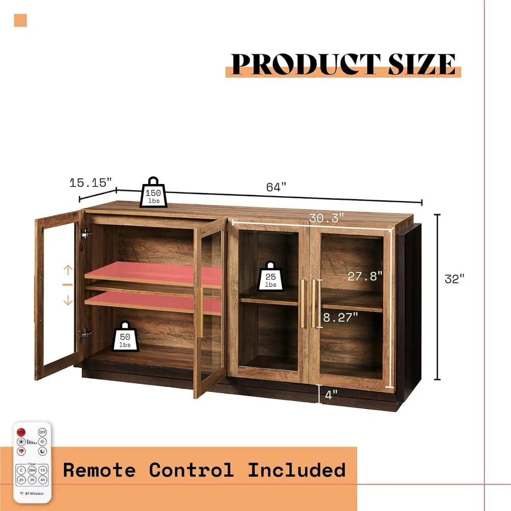 Sideboard-Buffetschrank, Akzentschrank in verschiedenen Farben mit LED-Leuchten, moderner Aufbewahrungsschrank mit Glastüren, Sideboards