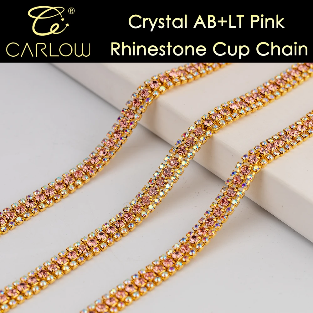 CARLOW Blingbling Pink and Crystal AB with Glod Bottom Rhinestones Cup Chain 5 Yards 3 Rows Triming for Accessories 023