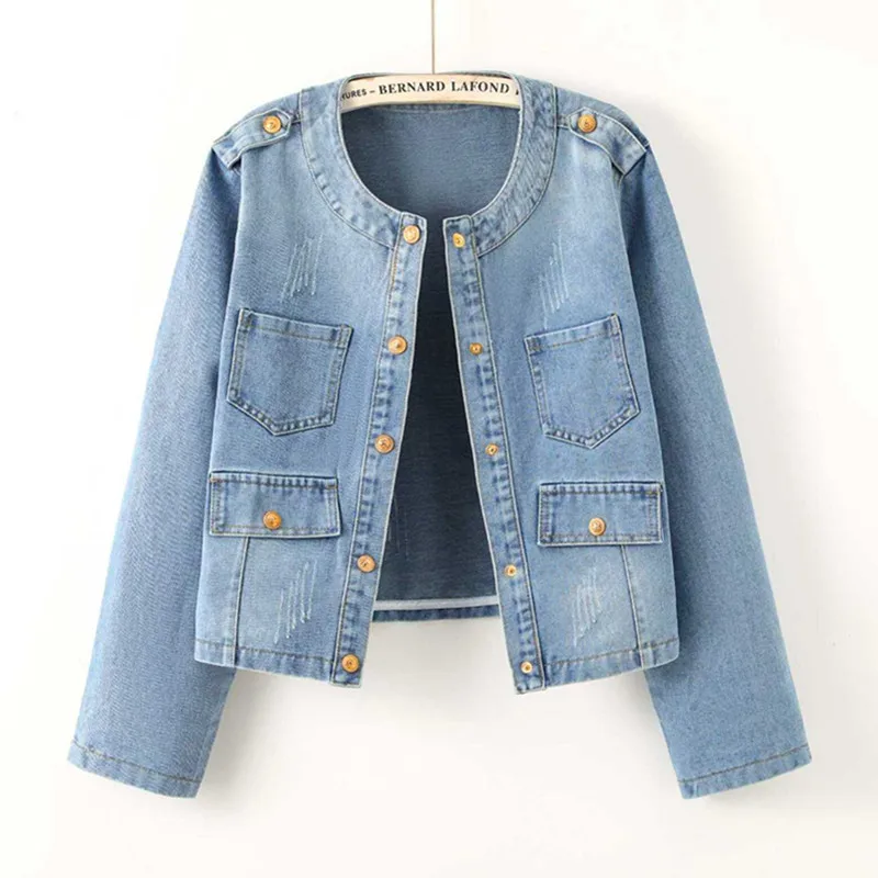 

Women's Cowboy Coat Spring Autumn Round Neck Korean Version Lady Outerwear Loose Casual Temperament Ladies Denim Jackets